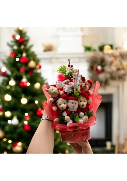 Yılbaşı Temalı Peluş Ayıcıklı Hediye Buketi Kinder Li Sevgiliye ,arkadaşa,aileye Hediyelik