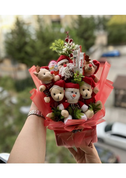 Yılbaşı Temalı Peluş Ayıcıklı Hediye Buketi Kinder Li Sevgiliye ,arkadaşa,aileye Hediyelik fırsatları