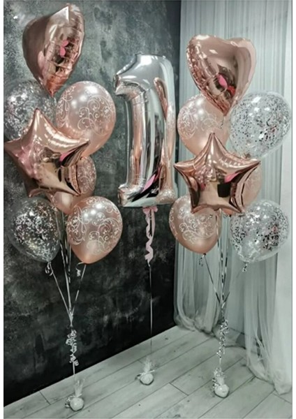 1 Yaş Doğum Günü Folyo Balon Rosegold-Kalp Yıldız Folyo Balon Konsepti