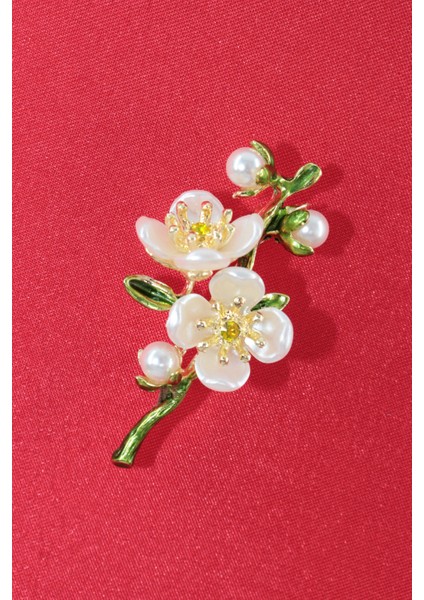 Baharın Uyanışı Erik Çiçeği Broş. Yeşil Dallı Incili Kristal Taşlı Erik Çiçekli Kadın Yaka Iğnesi.