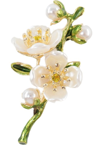 Baharın Uyanışı Erik Çiçeği Broş. Yeşil Dallı Incili Kristal Taşlı Erik Çiçekli Kadın Yaka Iğnesi. modelleri