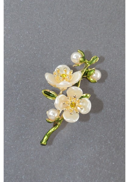 Baharın Uyanışı Erik Çiçeği Broş. Yeşil Dallı Incili Kristal Taşlı Erik Çiçekli Kadın Yaka Iğnesi. indirimleri