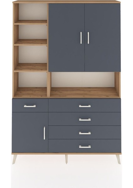 Arges Dolap 8 Raflı 5 Çekmeceli 3 Kapaklı 132X30X195 Çam-Antrasit/antrasit