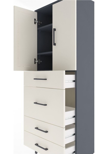 Arges Dolap 3 Raflı 4 Çekmeceli 2 Kapaklı 60X30X163 Antrasit-Aytaşı indirimleri