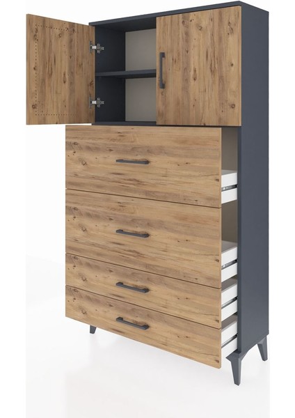 Arges Dolap 2 Raflı 4 Çekmeceli 2 Kapaklı 88X30X163 Antrasit-Çam fırsatları