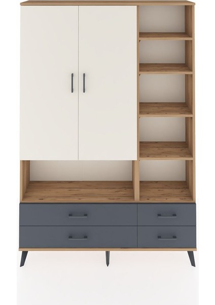Arges Dolap 10 Raflı 4 Çekmeceli 2 Kapaklı 132X30X195 Çam-Aytaşı/antrasit