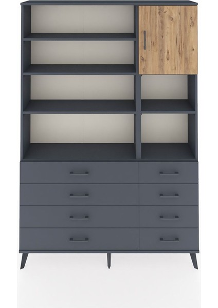 Arges Dolap 8 Raflı 8 Çekmeceli Tek Kapaklı 132X30X195 Antrasit-Çam/antrasit