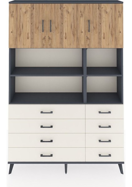 Arges Dolap 8 Raflı 8 Çekmeceli 3 Kapaklı 132X30X195 Antrasit-Çam/aytaşı