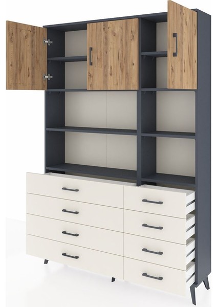 Arges Dolap 8 Raflı 8 Çekmeceli 3 Kapaklı 132X30X195 Antrasit-Çam/aytaşı modelleri