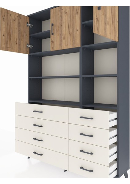Arges Dolap 8 Raflı 8 Çekmeceli 3 Kapaklı 132X30X195 Antrasit-Çam/aytaşı fırsatları