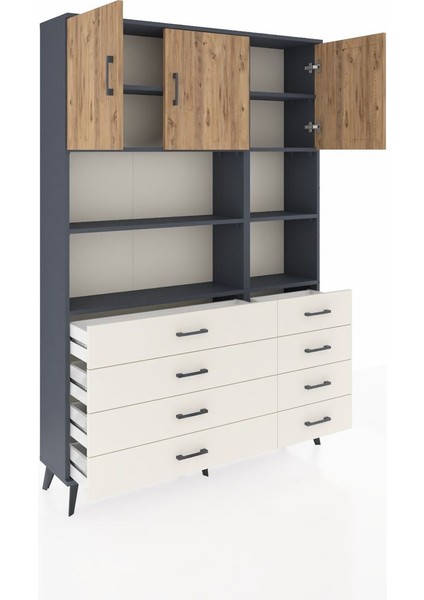 Arges Dolap 8 Raflı 8 Çekmeceli 3 Kapaklı 132X30X195 Antrasit-Çam/aytaşı indirimleri