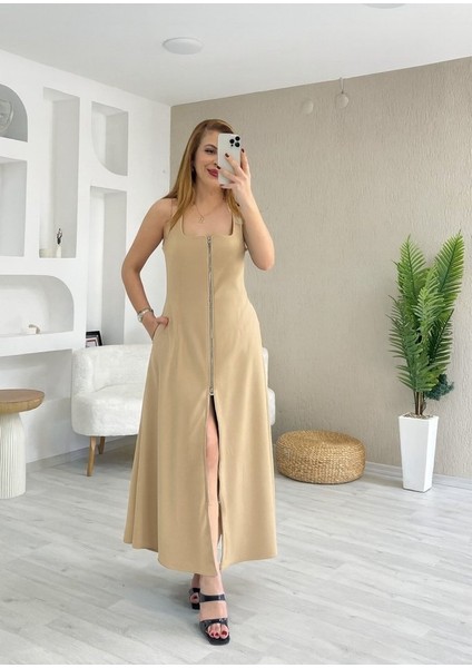 Kadın Askılı Kare Yaka Önden Fermuarlı Geniş Kesim Janjan Krep Elbise fiyatları