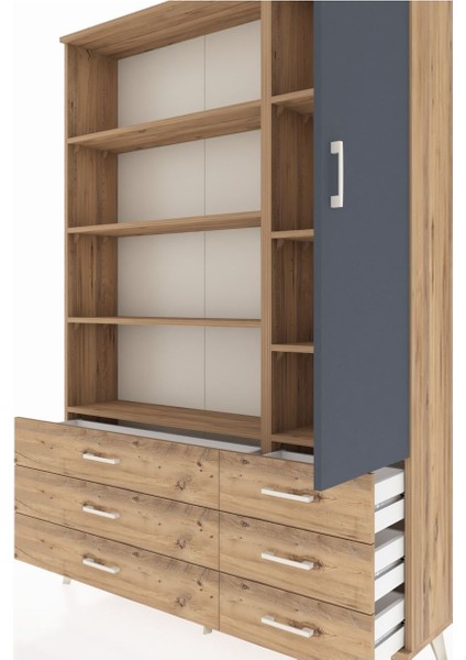 Arges Dolap 8 Raflı 6 Çekmeceli Tek Kapaklı 132X30X195 Çam-Antrasit/çam fırsatları