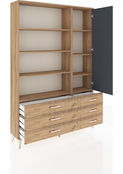 Arges Dolap 8 Raflı 6 Çekmeceli Tek Kapaklı 132X30X195 Çam-Antrasit/çam indirimleri