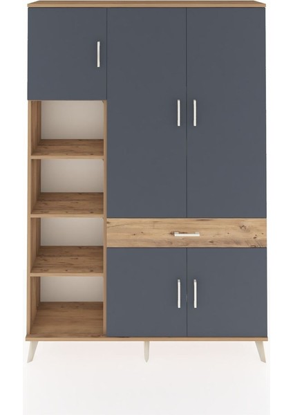 Arges Dolap 8 Raflı Tek Çekmeceli 5 Kapaklı 132X30X195 Çam-Antrasit/çam