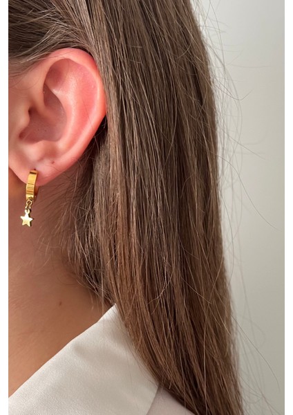 Işıltılı Yıldız Temalı Paslanmaz Çelik Küpe Seti - 3'lü Gold Kombin