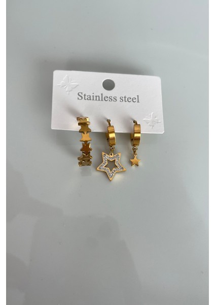 Işıltılı Yıldız Temalı Paslanmaz Çelik Küpe Seti - 3'lü Gold Kombin fiyatları
