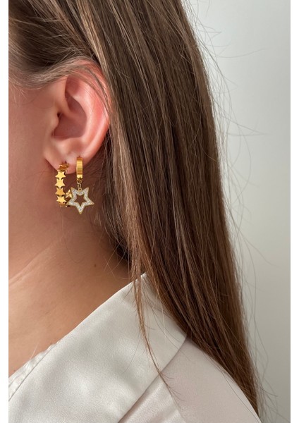 Işıltılı Yıldız Temalı Paslanmaz Çelik Küpe Seti - 3'lü Gold Kombin modelleri