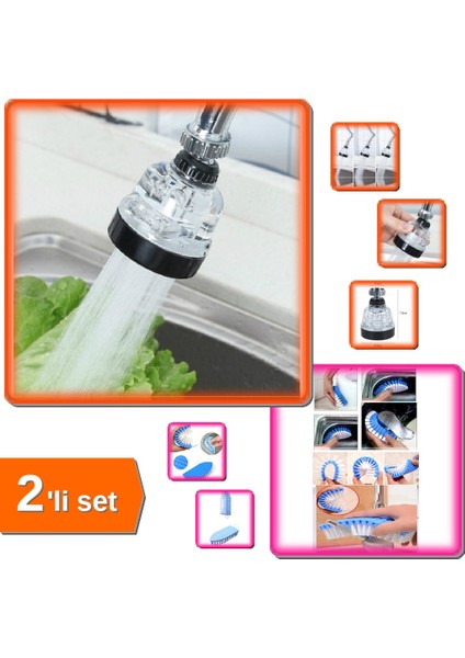 Banyo + Mutfak Için 3 Fonksiyonlu Musluk Başlığı + Bükülebilir Temizlik Fırçası - 4C5D6G