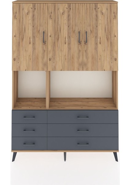 Arges Dolap 6 Raflı 6 Çekmeceli 3 Kapaklı 132X30X195 Çam-Çam/antrasit