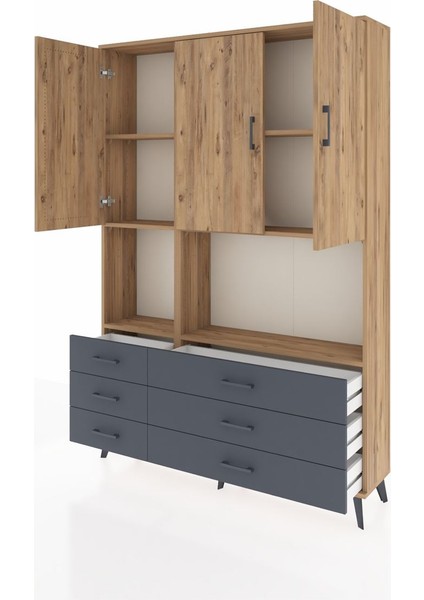 Arges Dolap 6 Raflı 6 Çekmeceli 3 Kapaklı 132X30X195 Çam-Çam/antrasit modelleri