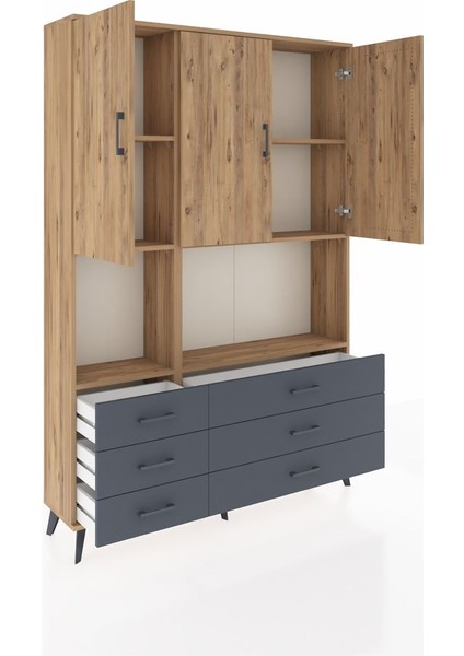 Arges Dolap 6 Raflı 6 Çekmeceli 3 Kapaklı 132X30X195 Çam-Çam/antrasit indirimleri