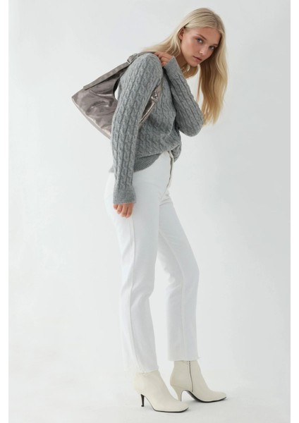 Kadın Yuvarlak Yaka Kalın Saç Örgüsü Kazak Gri modelleri