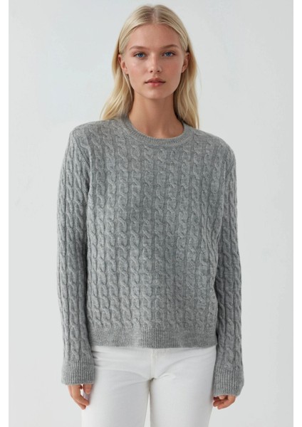 Kadın Yuvarlak Yaka Kalın Saç Örgüsü Kazak Gri fırsatları