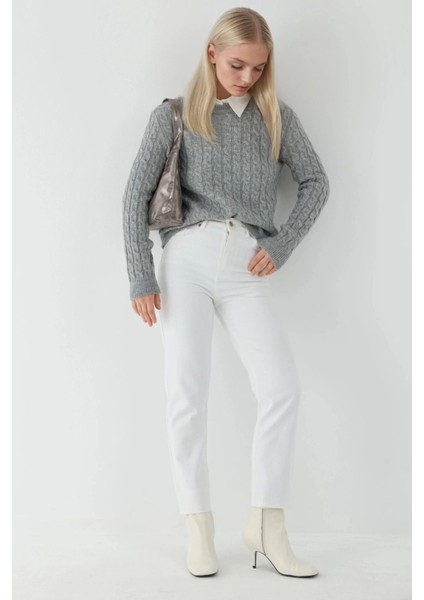 Kadın Yuvarlak Yaka Kalın Saç Örgüsü Kazak Gri indirimleri