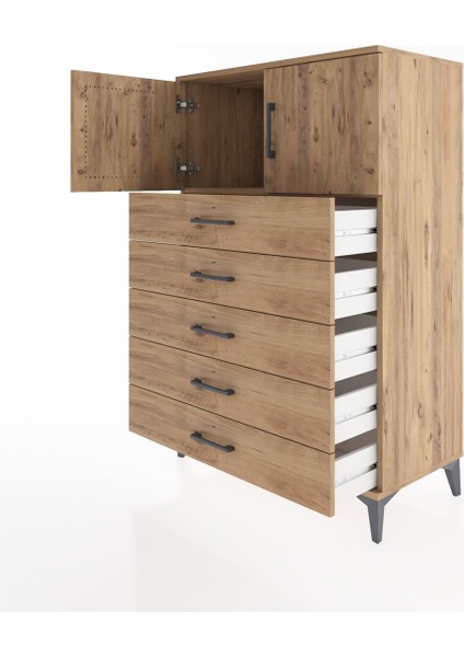 Hyperion Dolap Tek Raflı 5 Çekmeceli 2 Kapaklı 88X44X134 Çam-Çam fırsatları