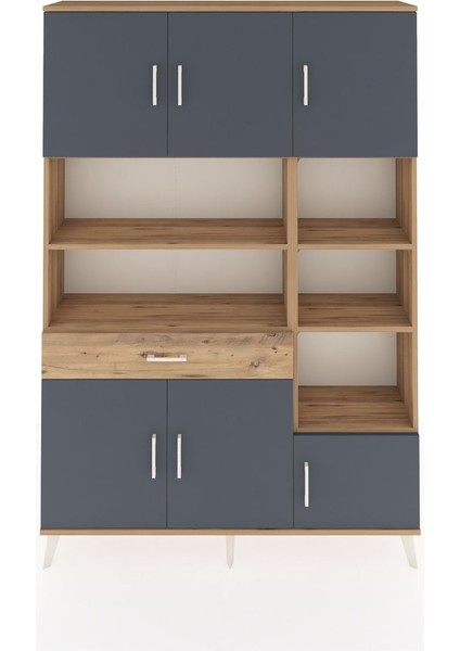 Arges Dolap 10 Raflı Tek Çekmeceli 6 Kapaklı 132X30X195 Çam-Antrasit/çam