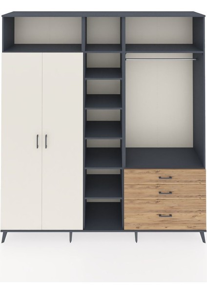 Hyperion Dolap 9 Raflı 3 Çekmeceli 2 Askılı 220X44X243 Antrasit-Aytaşı/çam
