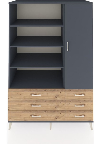 Kronos Dolap 8 Raflı 6 Çekmeceli Tek Kapaklı 132X59X195 Antrasit-Antrasit/çam