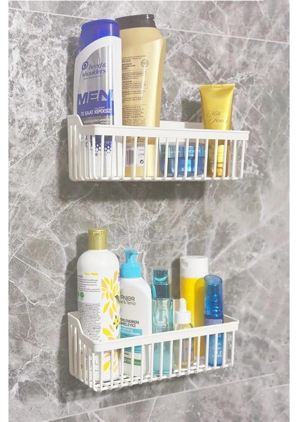 Yapışkanlı Rafı 2'li Düzenleyici Duş Rafı Kanca Askılı Organizer Şampuanlık Plastik