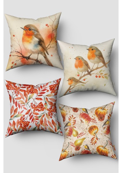 Sonbahar Temalı Nar Bülbülü Desenli 4'lü Kırlent Kılıfı