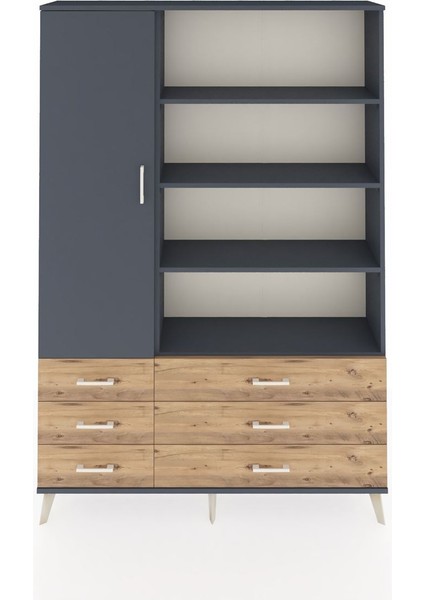 Arges Dolap 8 Raflı 6 Çekmeceli Tek Kapaklı 132X30X195 Antrasit-Antrasit/çam