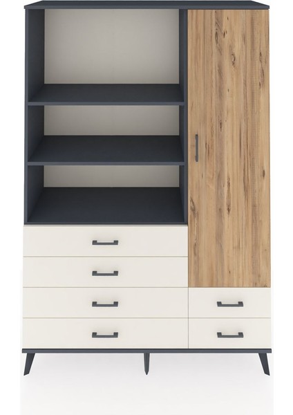 Hyperion Dolap 7 Raflı 6 Çekmeceli Tek Kapaklı 132X44X195 Antrasit-Çam/aytaşı