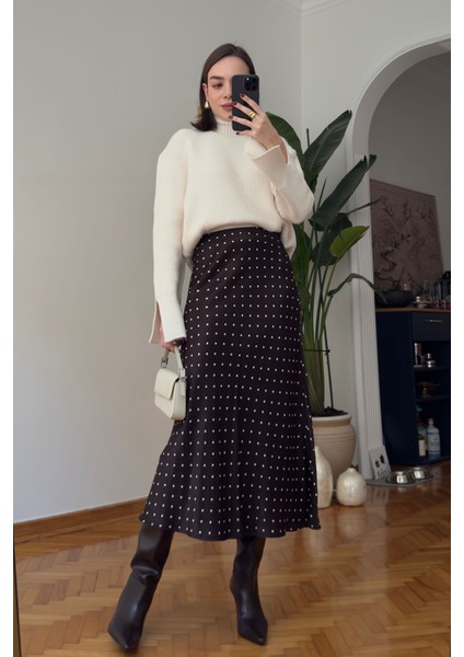 Puantiyeli Saten Premium Etek- Kahverengi modelleri