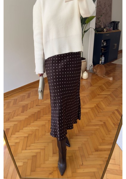 Puantiyeli Saten Premium Etek- Kahverengi fırsatları