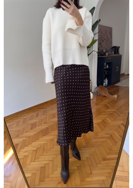 Puantiyeli Saten Premium Etek- Kahverengi indirimleri