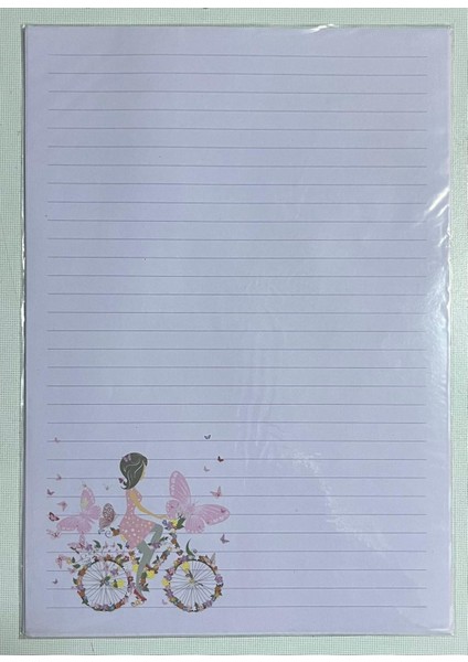 Desenli Mektup Kağıdı Bisikletli Kız Desenli 15Lİ Paket+15 Mektup Zarfı