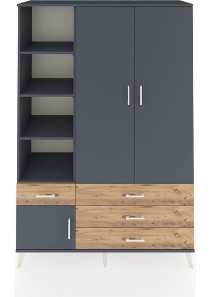 Hyperion Dolap 5 Raflı 4 Çekmeceli Tek Askılı 132X44X195 Antrasit-Antrasit/çam