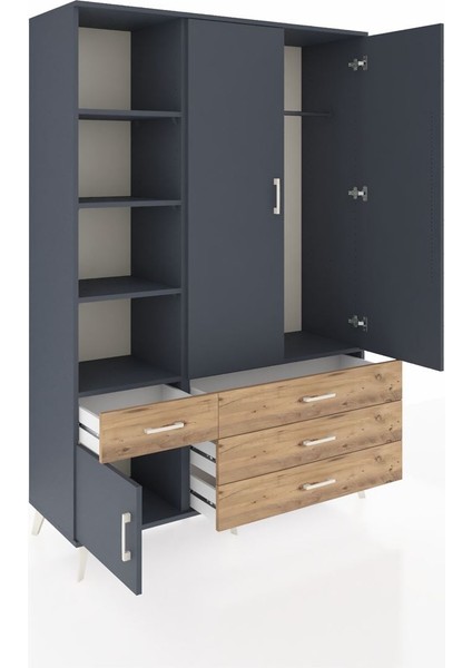 Hyperion Dolap 5 Raflı 4 Çekmeceli Tek Askılı 132X44X195 Antrasit-Antrasit/çam indirimleri