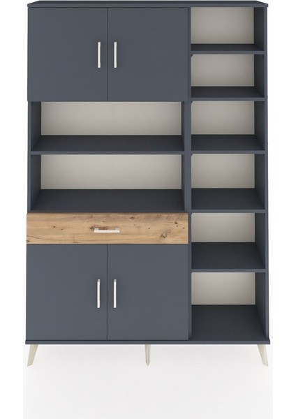 Arges Dolap 10 Raflı Tek Çekmeceli 4 Kapaklı 132X30X195 Antrasit-Antrasit/çam