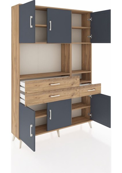 Arges Dolap 9 Raflı 3 Çekmeceli 6 Kapaklı 132X30X195 Çam-Antrasit/çam indirimleri