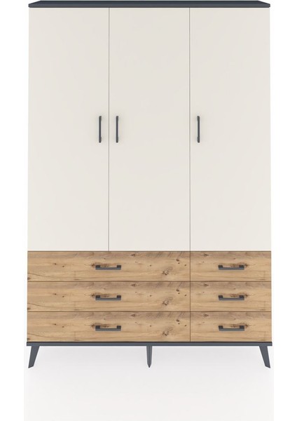 Arges Dolap 5 Raflı 6 Çekmeceli Tek Askılı 132X30X195 Antrasit-Aytaşı/çam