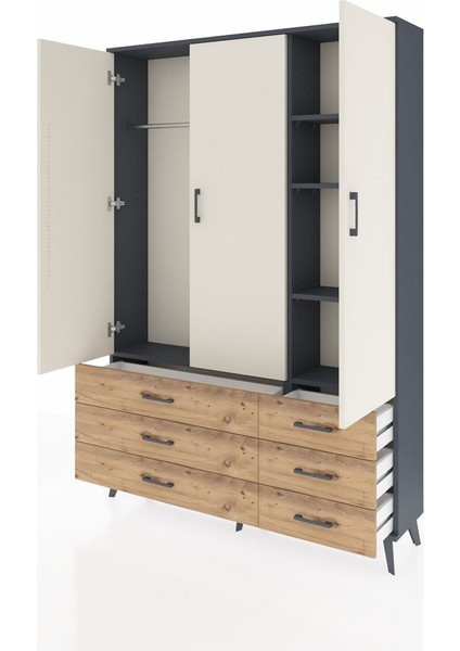 Arges Dolap 5 Raflı 6 Çekmeceli Tek Askılı 132X30X195 Antrasit-Aytaşı/çam modelleri