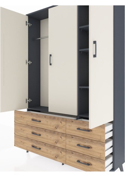 Arges Dolap 5 Raflı 6 Çekmeceli Tek Askılı 132X30X195 Antrasit-Aytaşı/çam fırsatları