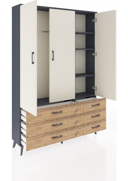 Arges Dolap 5 Raflı 6 Çekmeceli Tek Askılı 132X30X195 Antrasit-Aytaşı/çam indirimleri