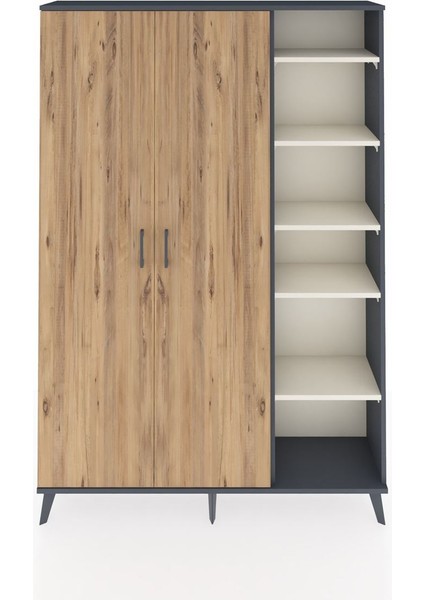 Arges Dolap 7 Raflı 2 Kapaklı Tek Askılı 132X30X195 Antrasit-Çam/aytaşı